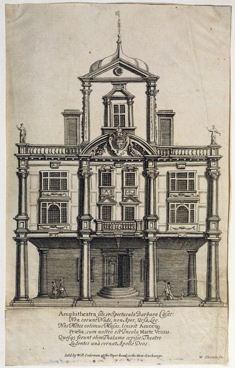 Dukes Theatre, Dorset Gardens, gravert av W. Sherwin (ca. 1645-1711) 1673 av English School