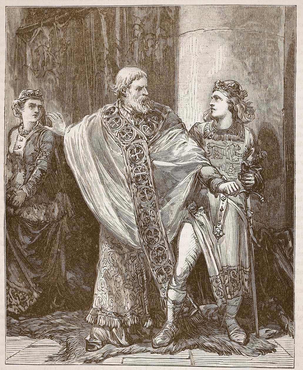 Dunstan drar Edwy fra nærværet til Elgiva, illustrasjon fra Cassells Illustrated History of England (sepiafoto) av English School