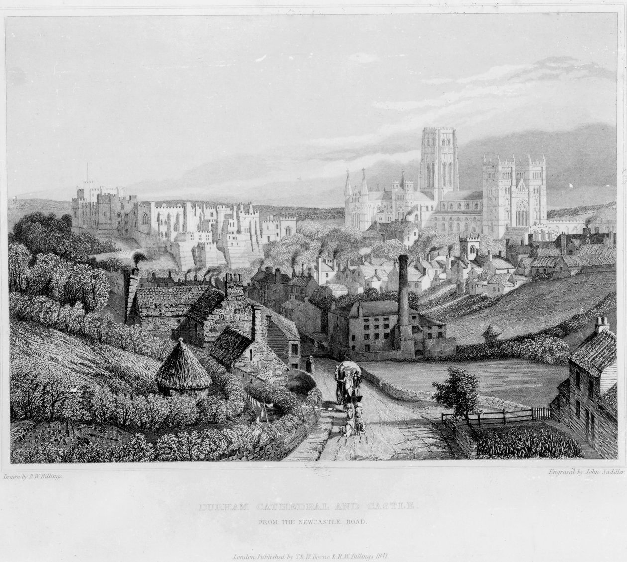 Durham Cathedral and Castle fra Newcastle Road, 1841 av English School