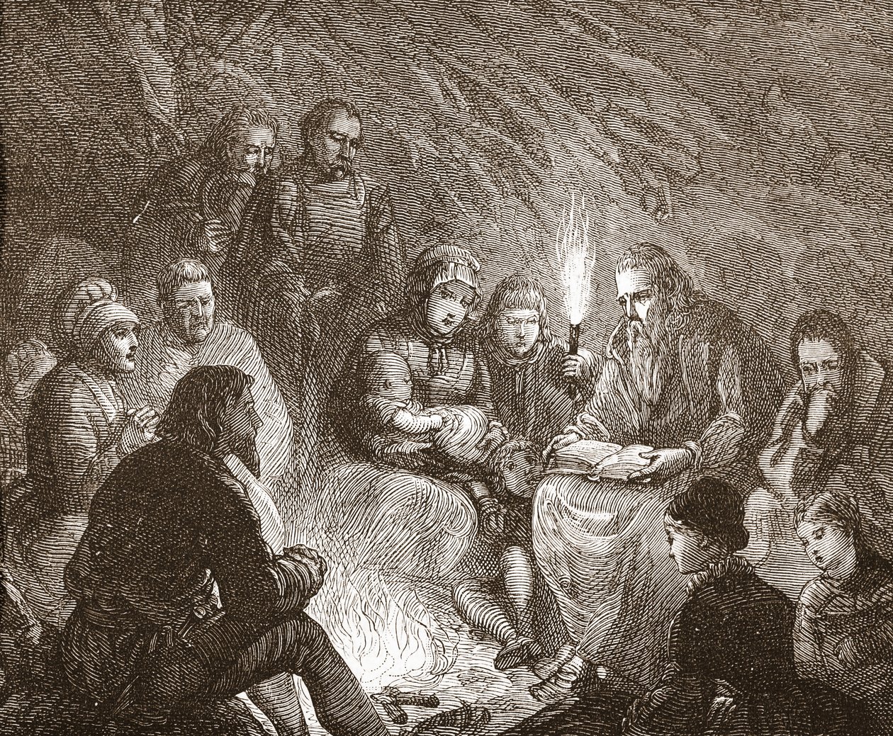 Nederlandske protestanter i skjul, illustrasjon fra The History of Protestantism av James Aitken Wylie (1808-1890), pub. 1878 av English School