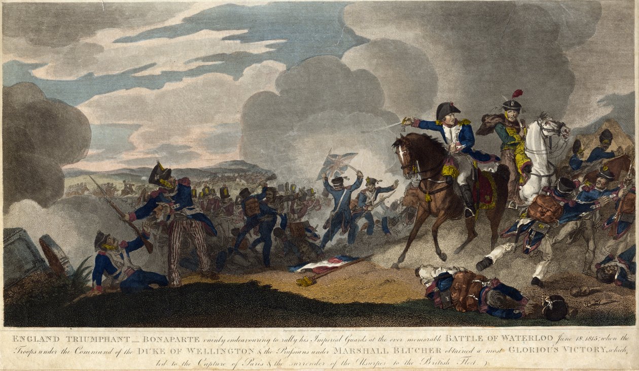 ENGLAND TRIUMPHANT. Napoleon forsøkte å samle den keiserlige garde i slaget ved Waterloo, ca. 1815 (gravering) av English School