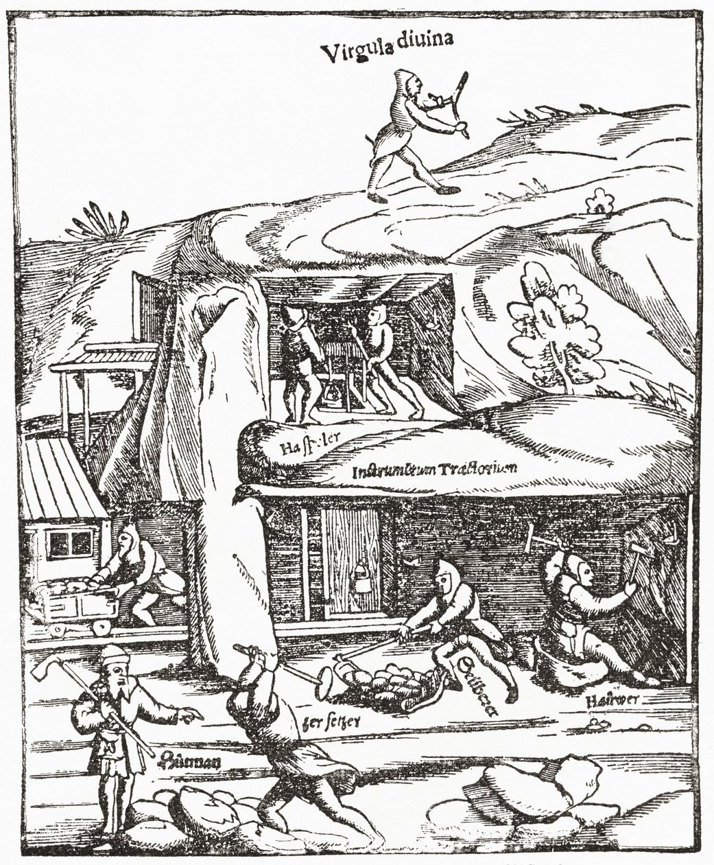 Tidlig representasjon av Divining Rod, som viser en figur med en dykkerstang over bakken som søker etter vann, kull eller gull, og gruvearbeiderne under bakken sliter for å finne kull. Fra The Strand Magazine utgitt 1897. av English School