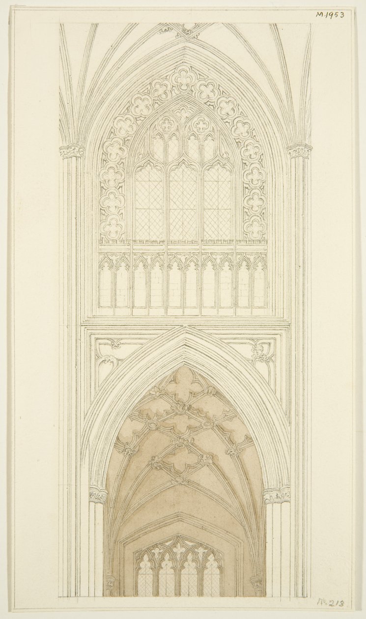 Østsiden av South Transept of St Mary Redcliffe (blyant og akvarell på papir) av English School