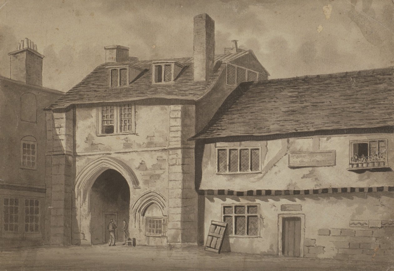 Østutsikt over porten til Abbey of St Saviour, Bermondsey, ca. 1825 (penn, blyant og vask på papir) av English School