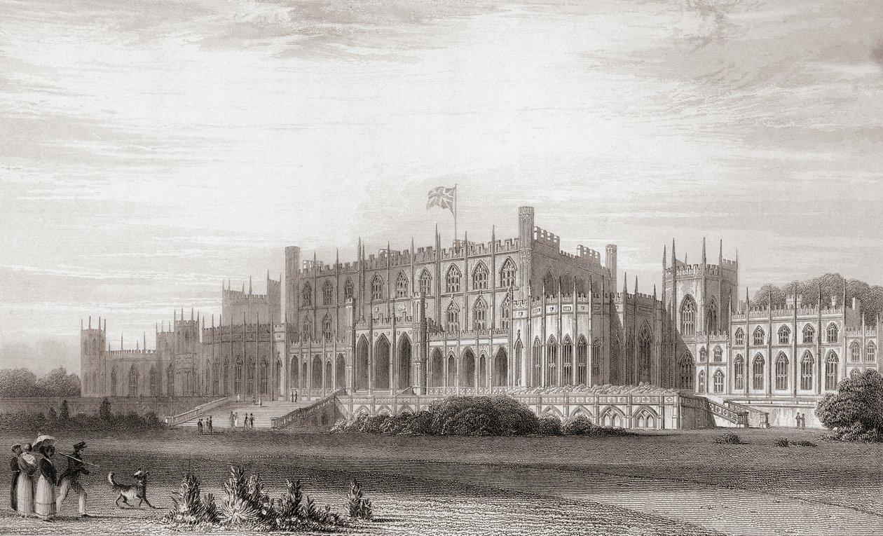 Eaton Hall, Cheshire, England på begynnelsen av 1800-tallet. Fra Churtons Portrait and Lanscape Gallery, utgitt 1836. av English School