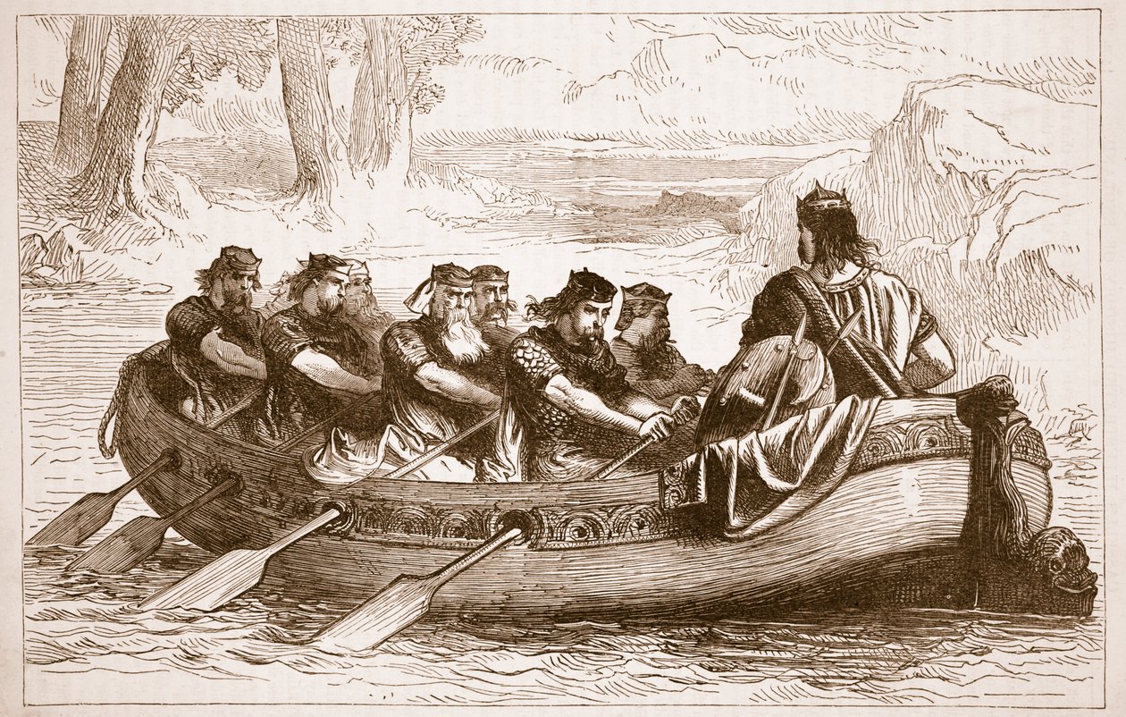 Edgar Stillehavet blir rodd nedover elven Dee av Eight Tributary Princes, illustrasjon fra Cassells Illustrated History of England (sepiafoto) av English School