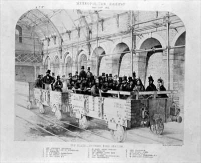 Edgware Road Station på åpningsturen til Metropolitan Railway, 24. mai 1862 (litho) av English School
