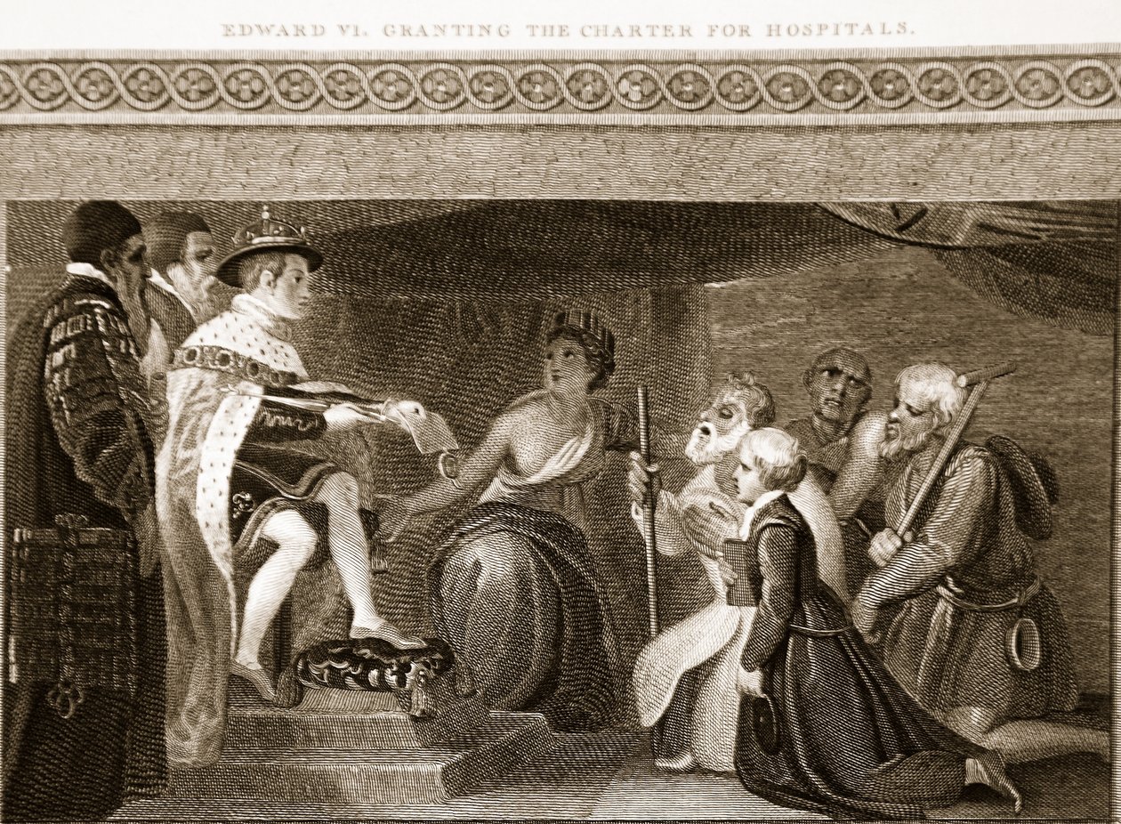 Edward VI gir Charter for Hospitals, illustrasjon fra David Humes The History of England, pub. av R. Bowyer, London, 1812 88: av English School
