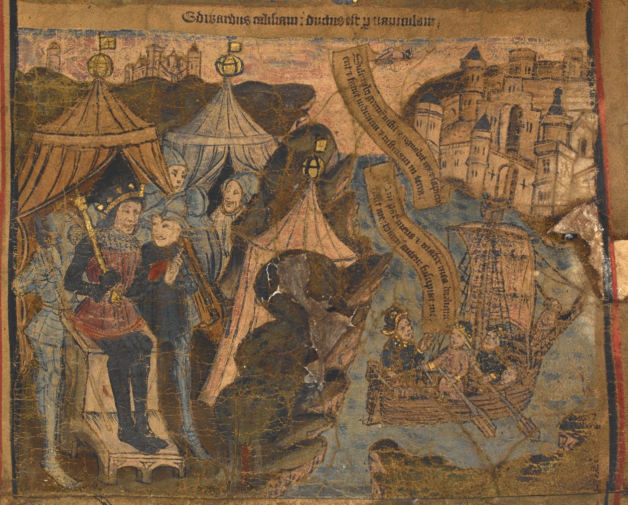 Edward av York satte sammen med jarlene fra Salisbury og Warwick seil til Calais, etter slaget ved Ludford Bridge. Kong Henry VI ser på triumf, illustrasjon fra 'Typological Life and Genealogy of Edward IV', ca. 1460-70 (vellum) av English School