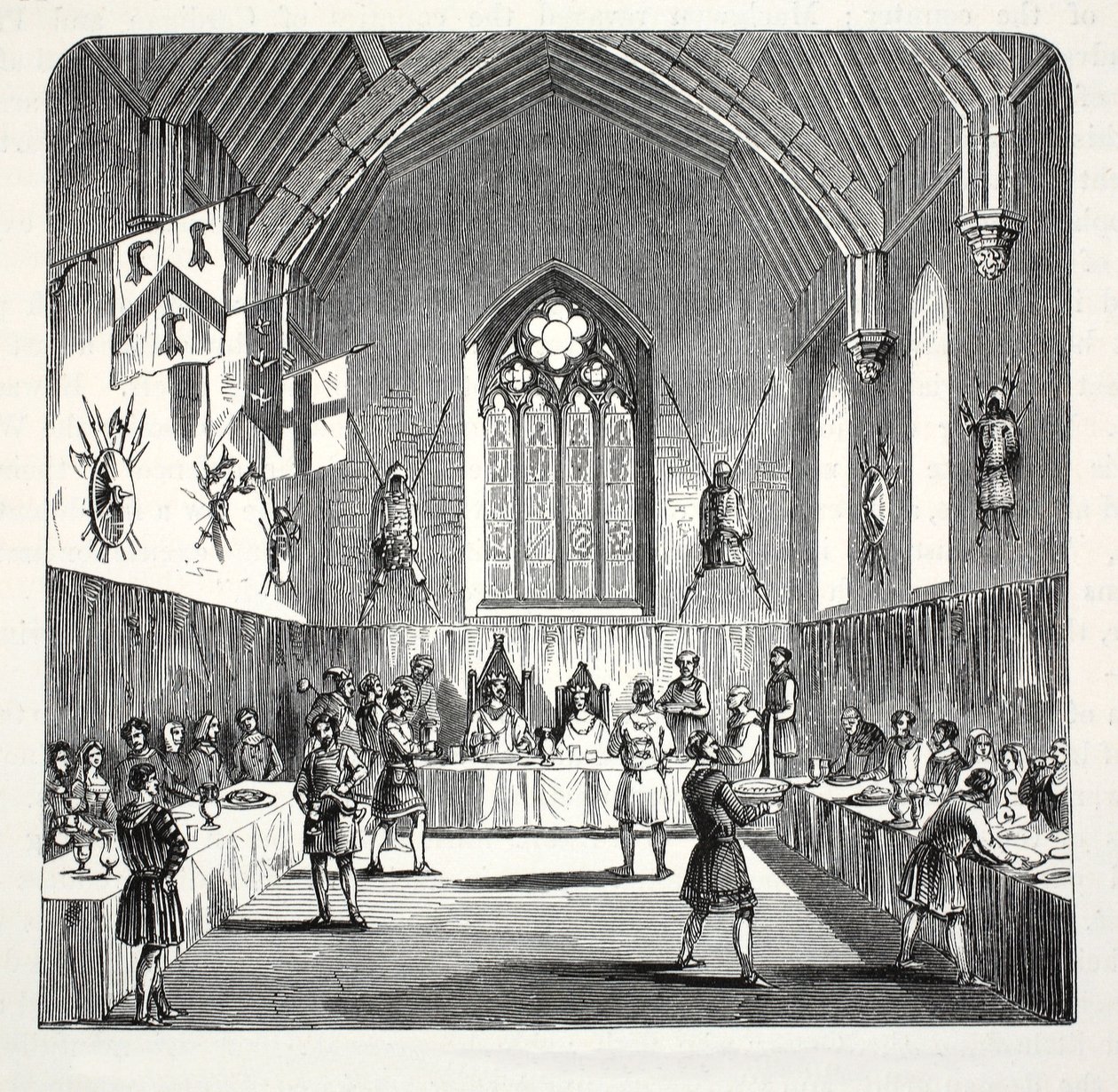 Edward den første og dronning Eleanor holder jul på Conway Castle, pub. 1800-tallet (stålgravering) av English School