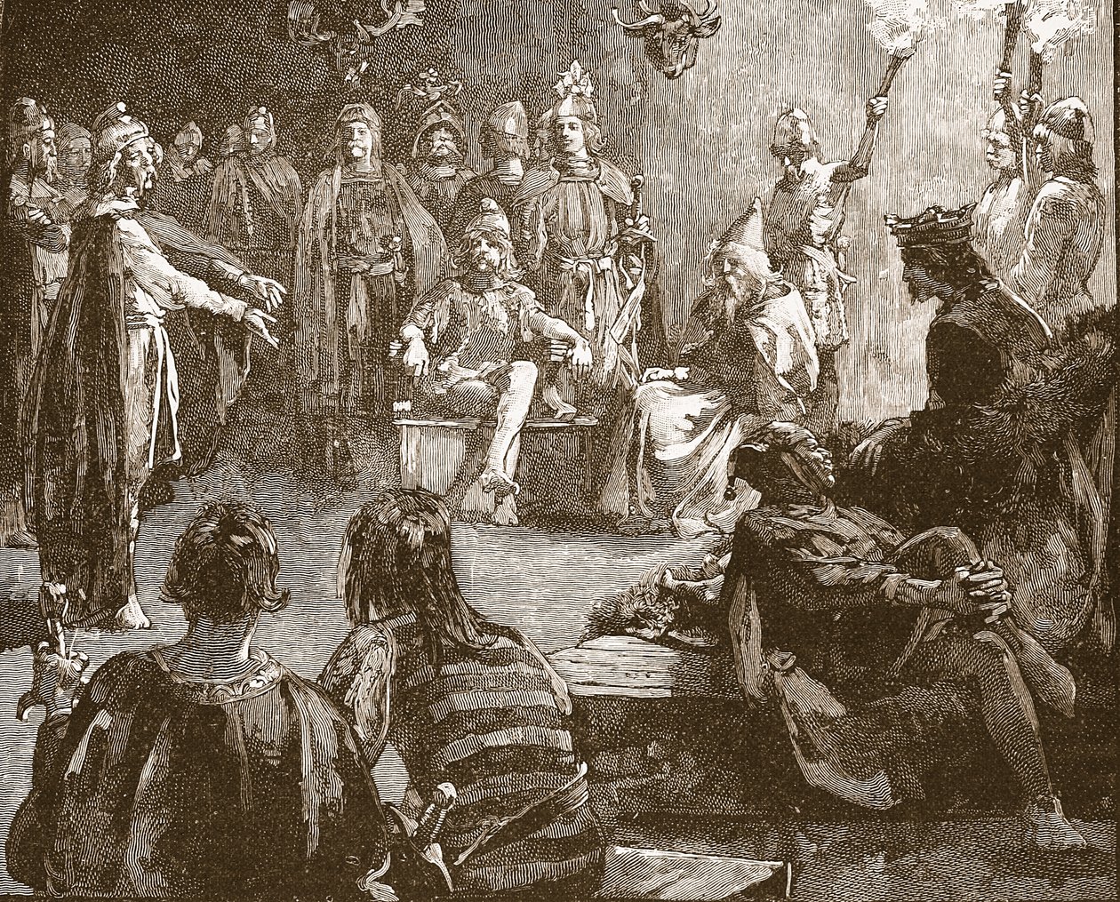 Edwin av Northumbria og kristne misjonærer, illustrasjon fra Cassells Illustrated History of England (sepiafoto) av English School