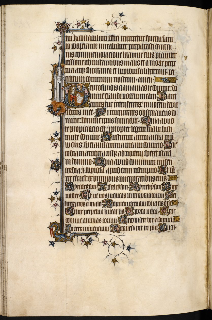 Egerton MS 3277, f.131v, Bohun-dame ved bønn, med marginalløve og slott, fra 
