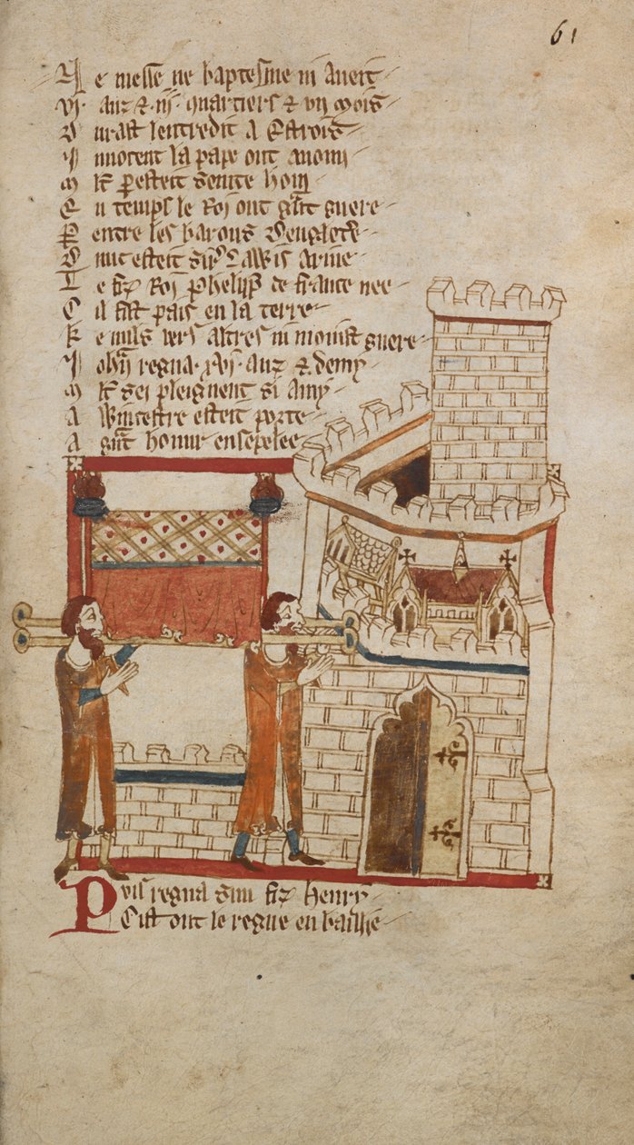 Egerton Ms 3028 f.061r King Johns kropp ble ført til Worcester Cathedral for begravelse, illustrasjon fra 'Romances in French Verse...', av Robert Wace, Canon of Bayeux (vellum) av English School