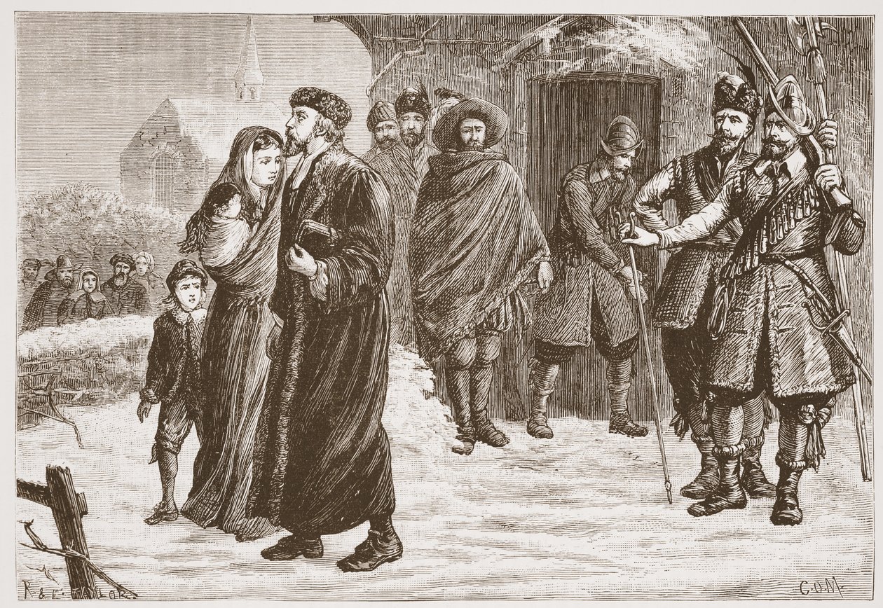 Å kaste ut en ungarsk protestantisk pastor om vinteren, illustrasjon fra The History of Protestantism av James Aitken Wylie (1808-1890), pub. 1878 av English School
