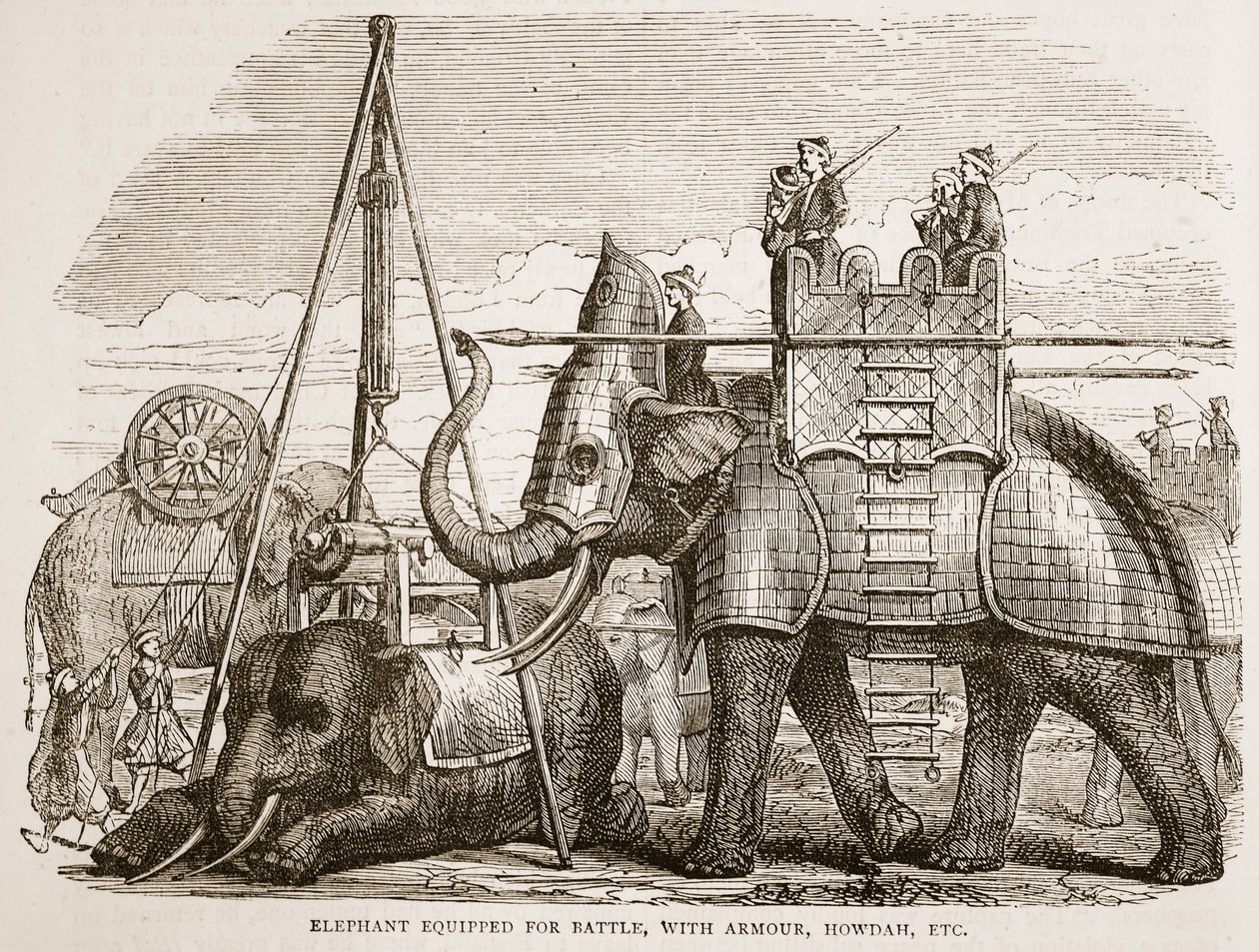 Elefant utstyrt for kamp, med rustning, howdah, etc., illustrasjon fra Cassells Illustrated History of India av James Grant, pub. 1879 av English School
