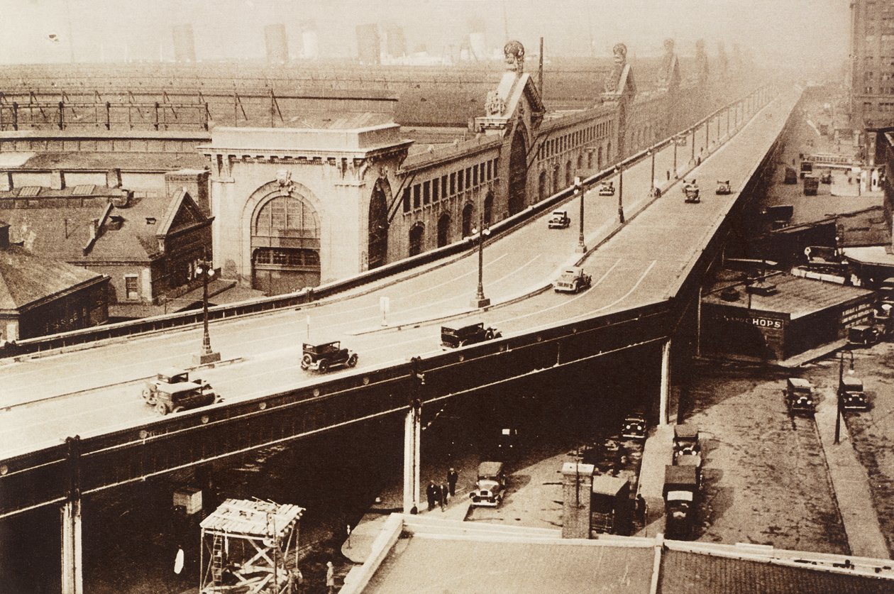 Forhøyet motorvei, Jersey City, New York, USA, fotografi fra Illustrated London News, 12. januar av English School