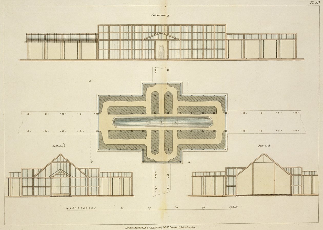 Forhøyninger og grunnplan av et drivhus, fra Hints on the Formation of Gardens and Pleasure Grounds av John Claudius Loudon (1783-1843) publisert 1812 av English School