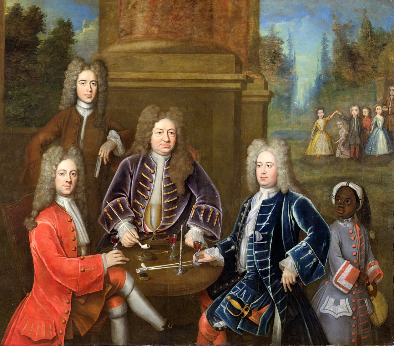 Elihu Yale (1648-1721) den andre hertugen av Devonshire, Lord James Cavendish, Mr Tunstal and a Page, ca. 1708 av English School