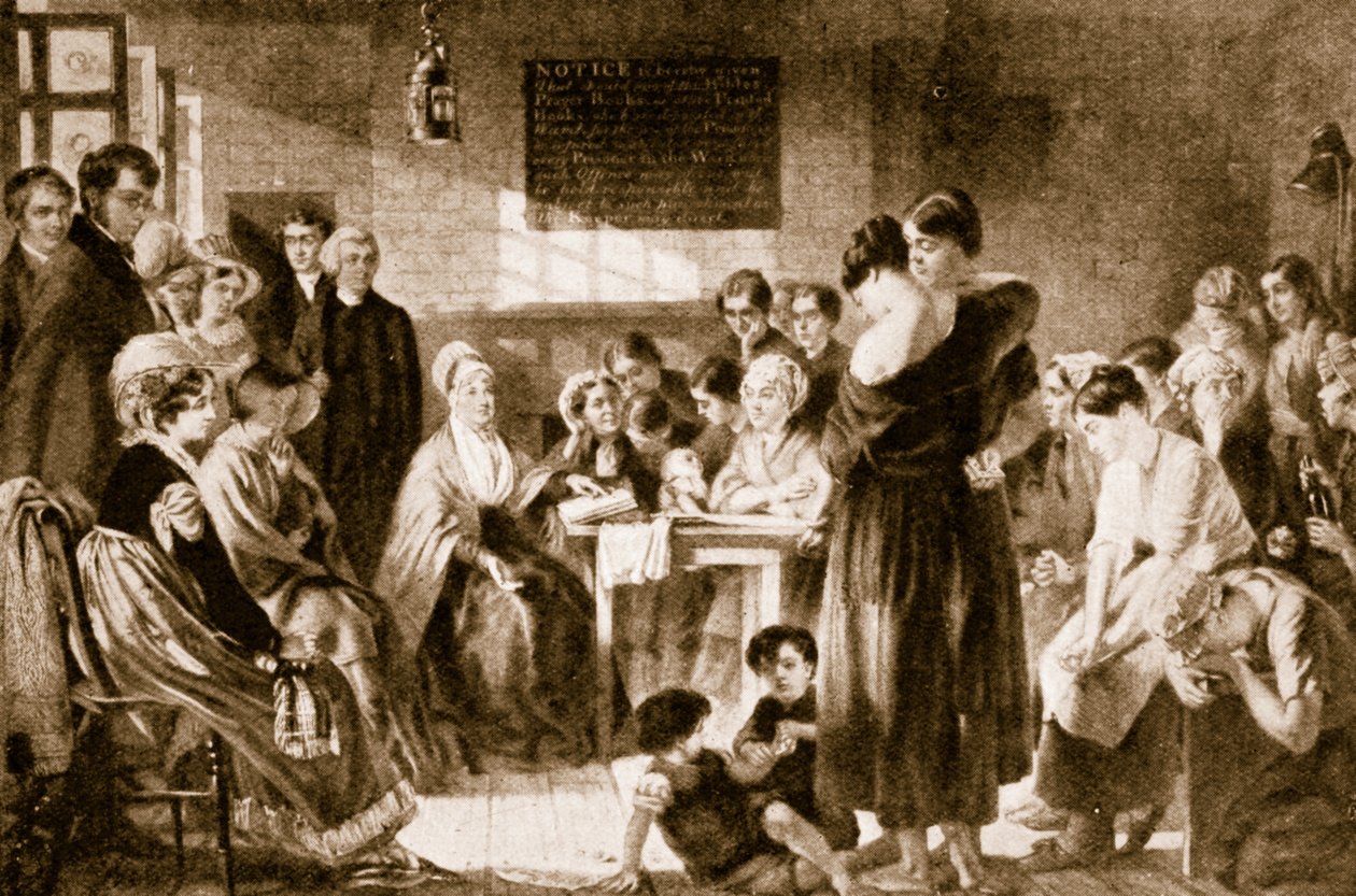 Elizabeth Fry leser Bibelen i et fengsel av English School
