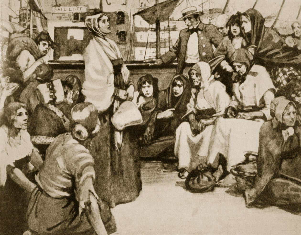 Elizabeth Fry snakker til fangene på et straffefangerskip av English School