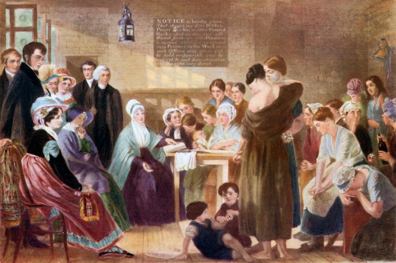 Elizabeth Fry besøker Newgate fengsel (fargelitografi) av English School