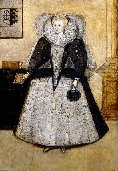 Elizabethansk portrett av en ung gift fru Golbourne, født Fleetwood (olje på panel) av English School