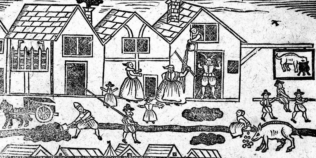 Elizabethan Street Scene, fra A Book of Roxburghe Ballads av English School