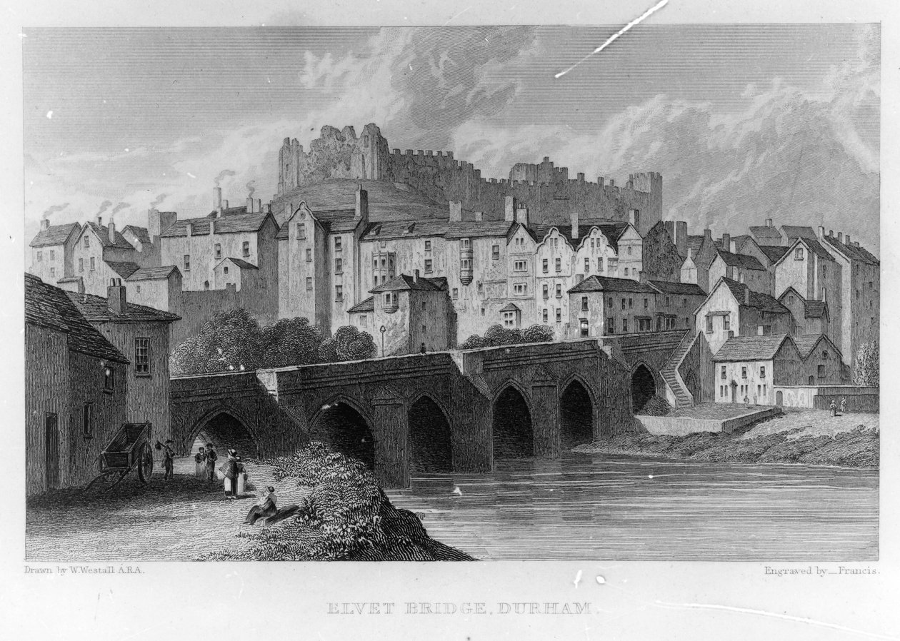 Elvet Bridge, Durham, gravert av ? Frances etter W. Westall, 1829 av English School