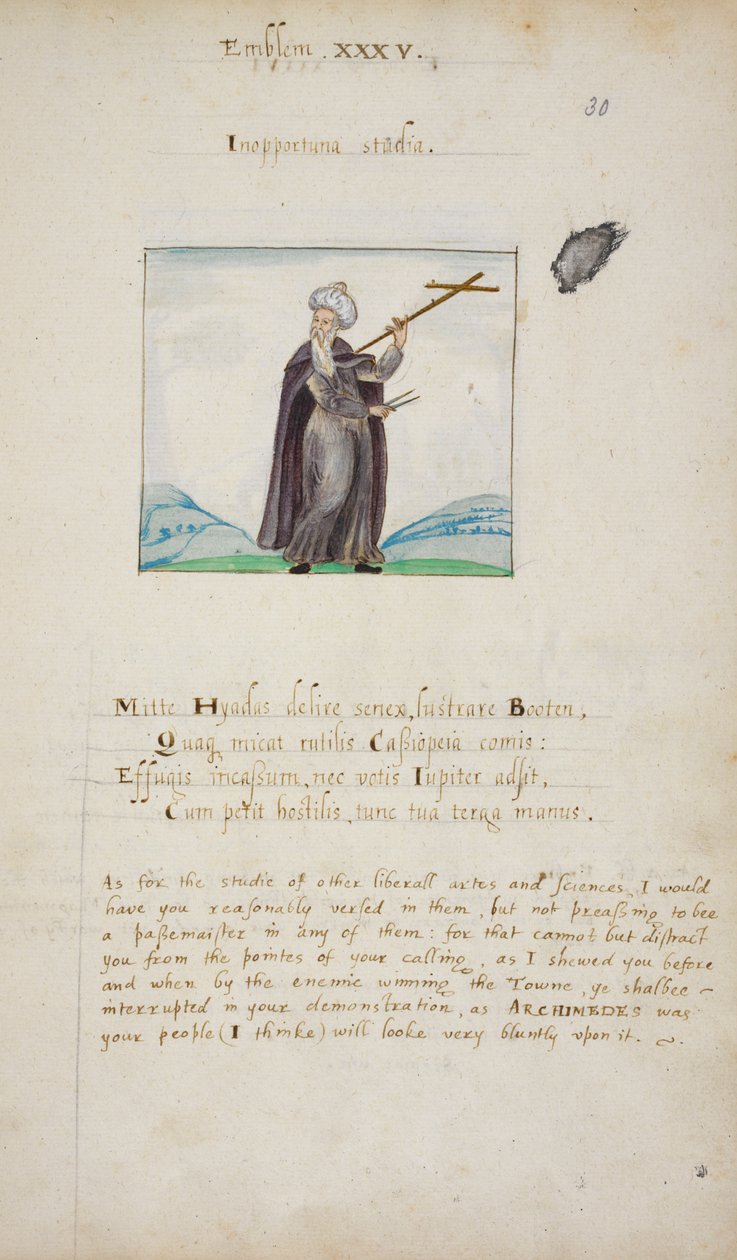 Emblem XXXV 'Inopportuna studia'. Illustrasjon av en figur [Archimedes?] i et landskap med skillelinjer og en korsformet linjal, med vers, fra 'Emblemboken som illustrerer Basilicon Doron of James I, ca. 1610 (penn og blekk med vask og akvarell av English School