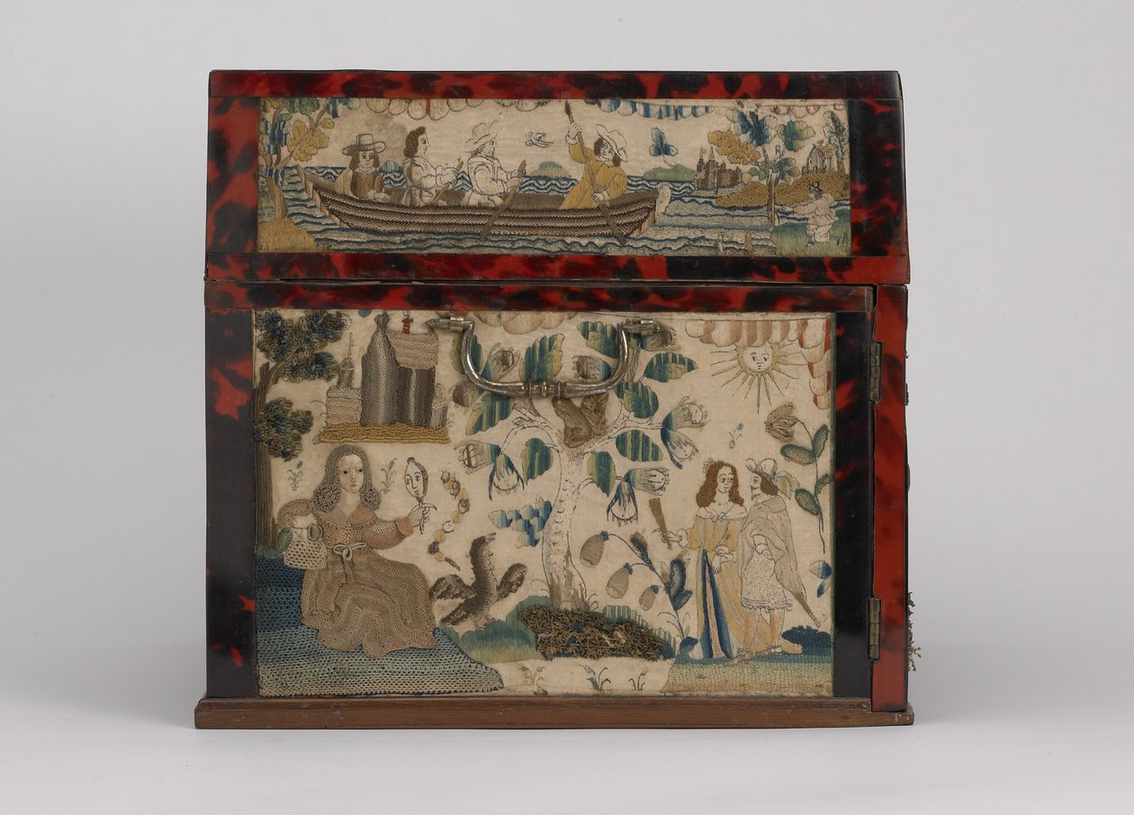 Brodert kiste, ca. 1660 (silke, lerret, tre, skilpaddeskall og sølvfester) av English School