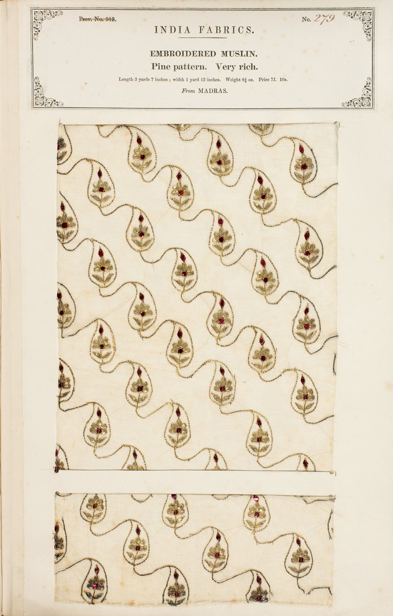 Brodert muslinprøve fra Madras, fra The Collection of the Textile Manufacturers of India, av John Forbes Watson, utgitt i 1866 av English School