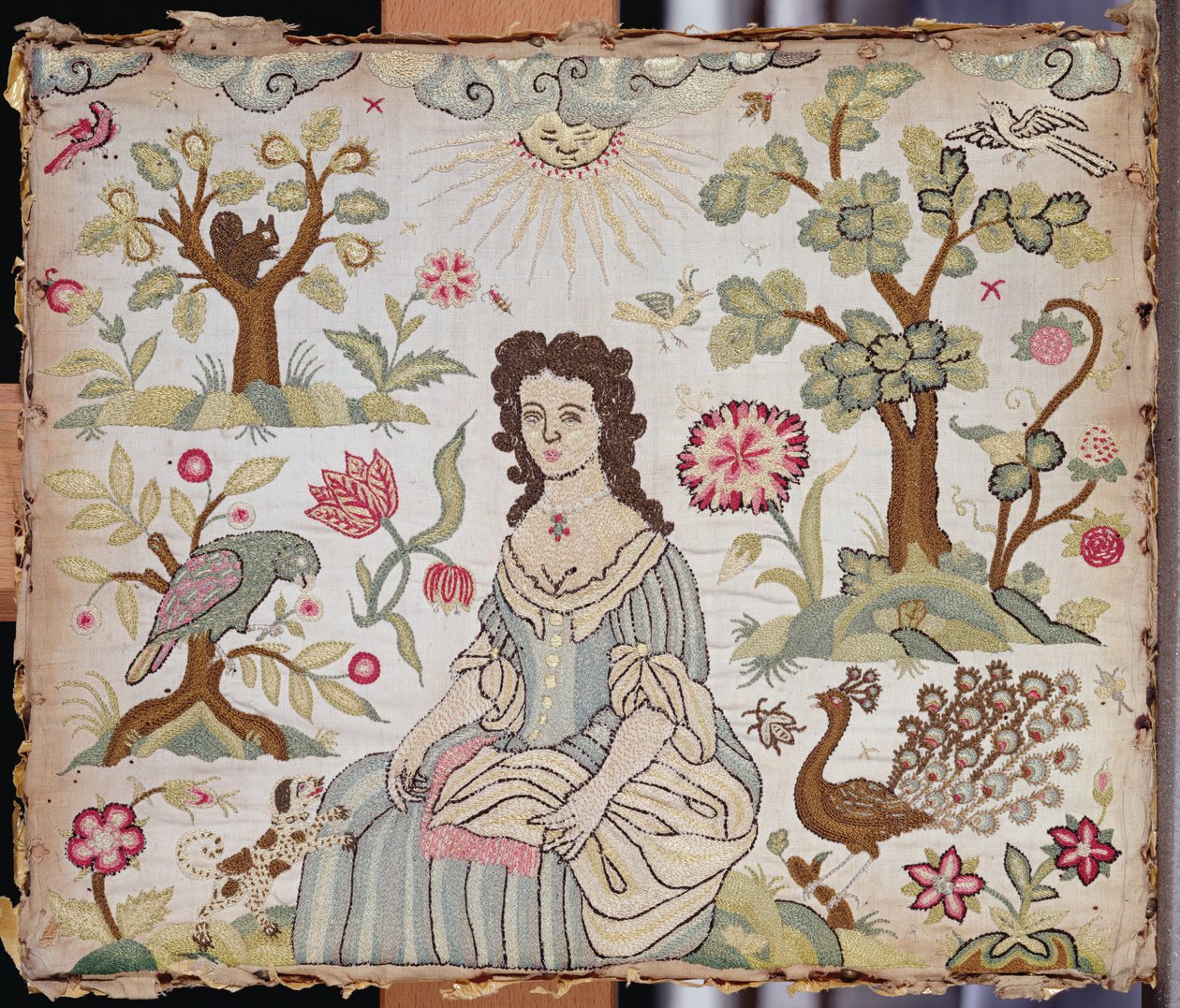 Brodert panel som viser en dame i en hage, ca. 1700 (silke) av English School