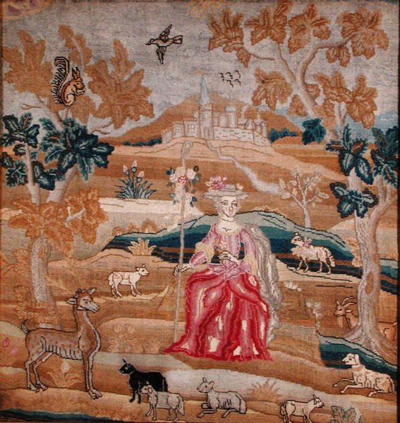 Brodert panel som viser en gjeterinne foran en landsby (silke) av English School