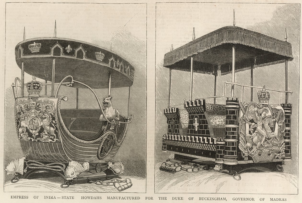 Keiserinne av India: statlige howdahs produsert for hertugen av Buckingham, guvernør i Madras, fra The Graphic, 3. februar 1877 av English School