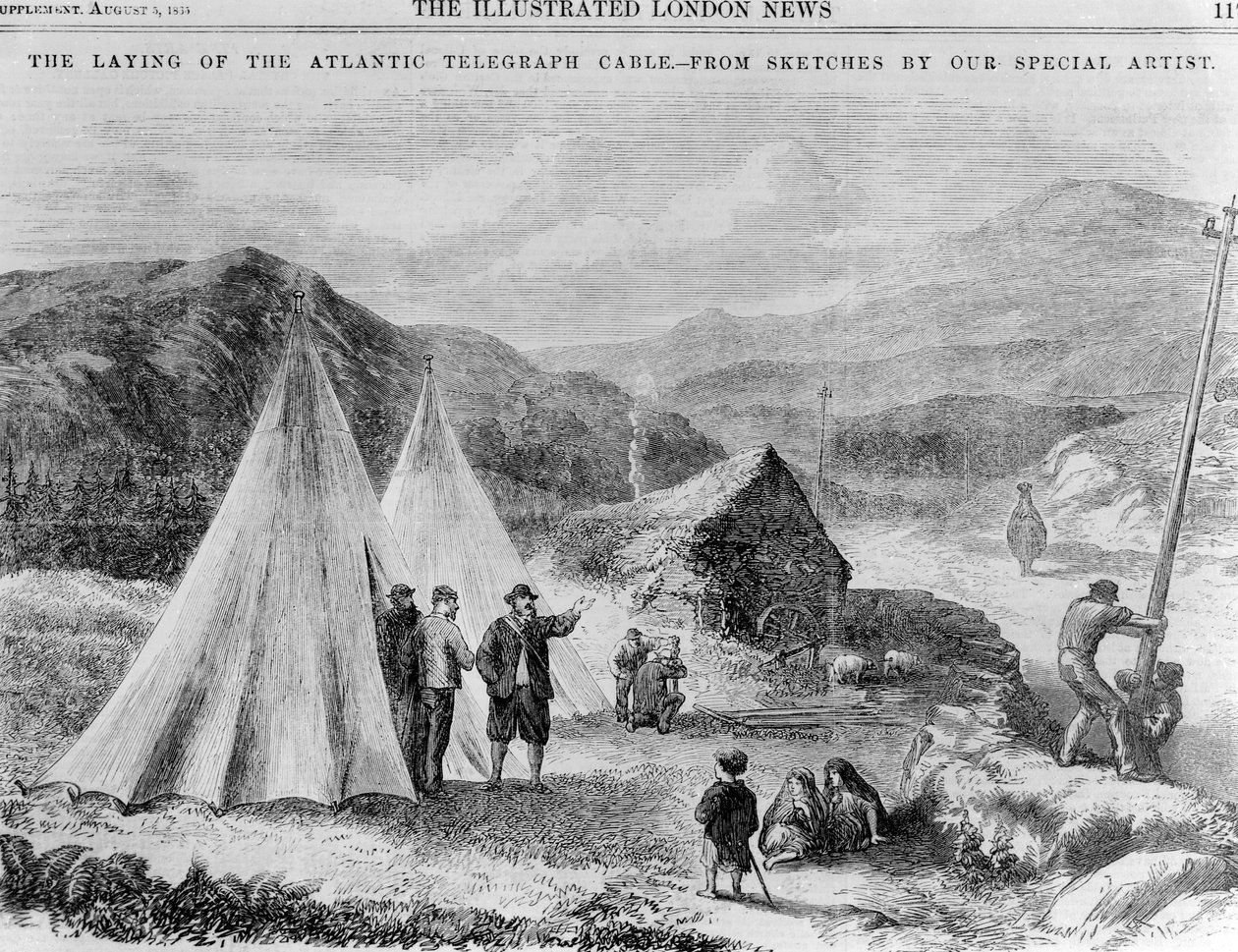 Leir av arbeidere fra telegrafselskapet på veien mellom Killarney og Valencia av English School