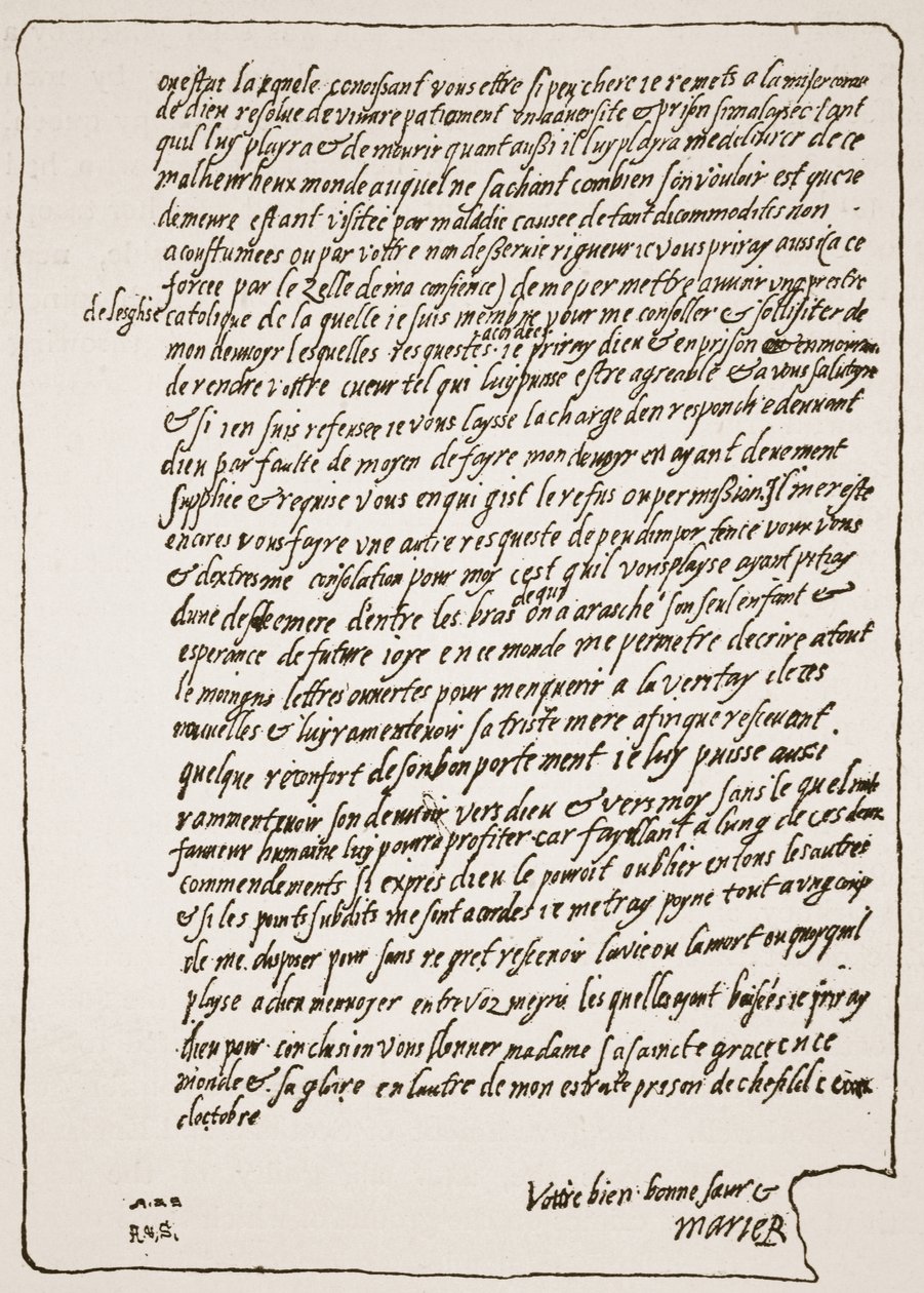 Slutt på et brev til dronning Elizabeth, fra Mary, Queen of Scots, da hun var i fengsel, og ber om å få en katolsk kapellan, illustrasjon fra The Church of England: A History for the People av H.D.M. Spence-Jo av English School