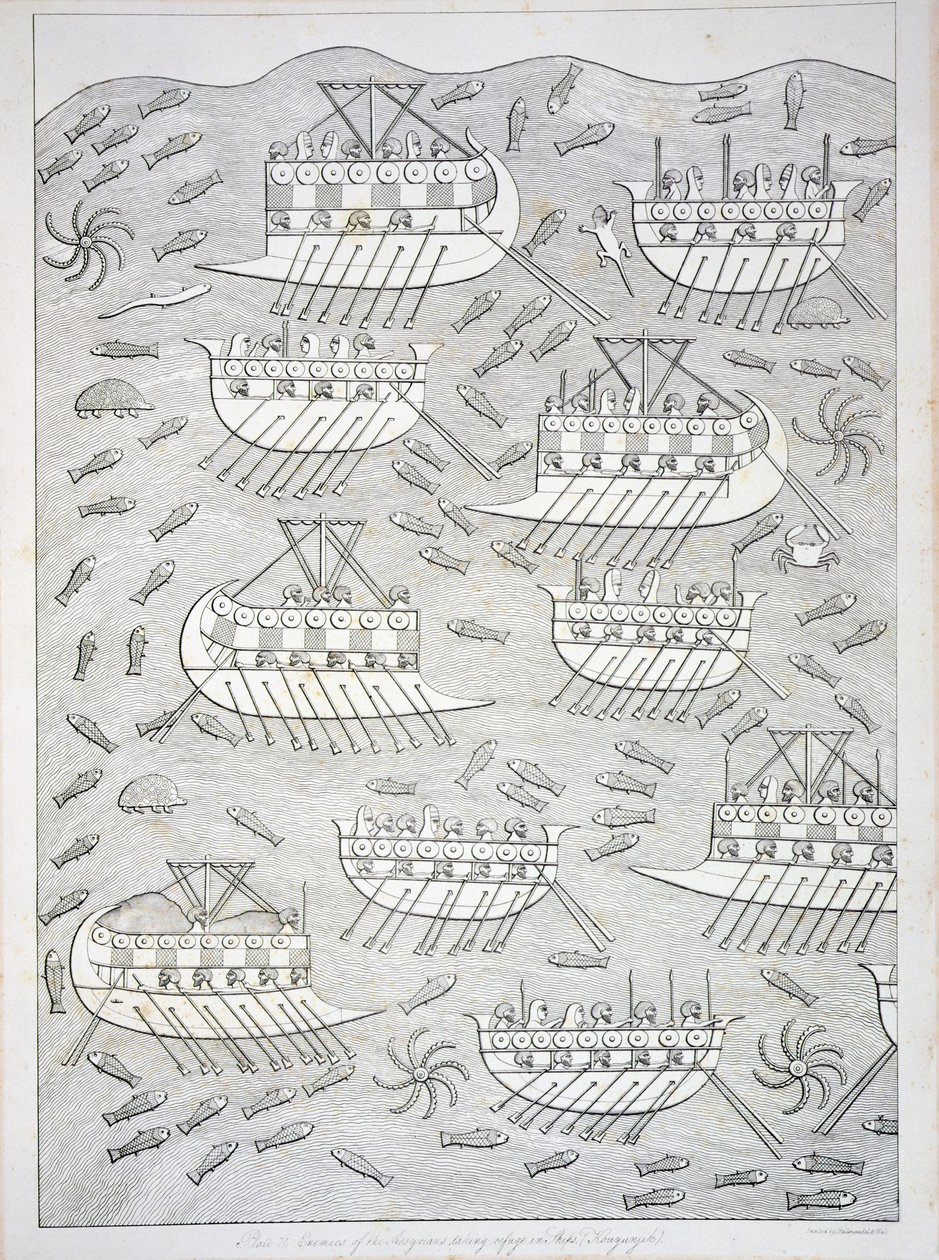 Fiender av assyrerne som søker tilflukt i skip, plate 71 fra Nineveh and its Remains av Austen Henry Layard (1817-94) publisert 1849 av English School