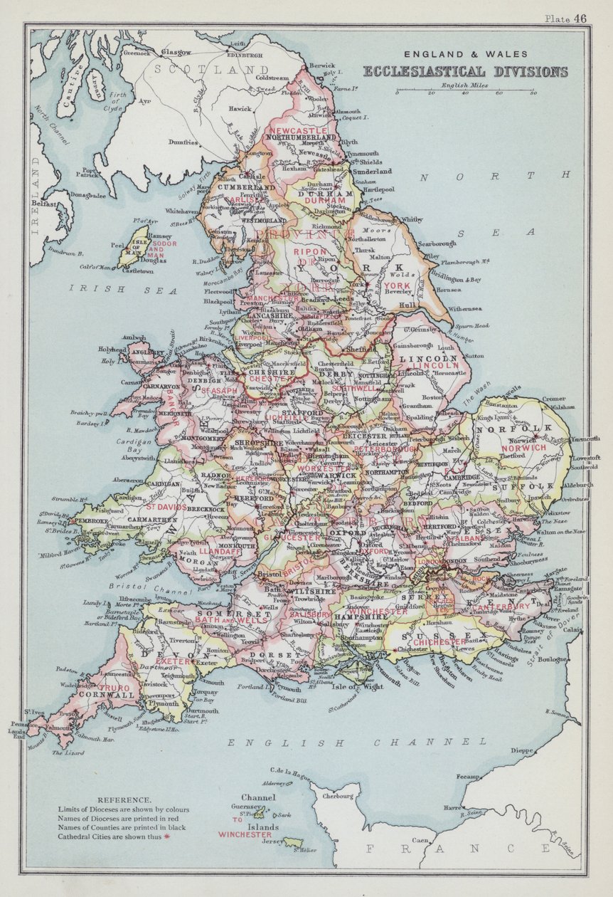 England og Wales, kirkelige inndelinger (fargelitografi) av English School