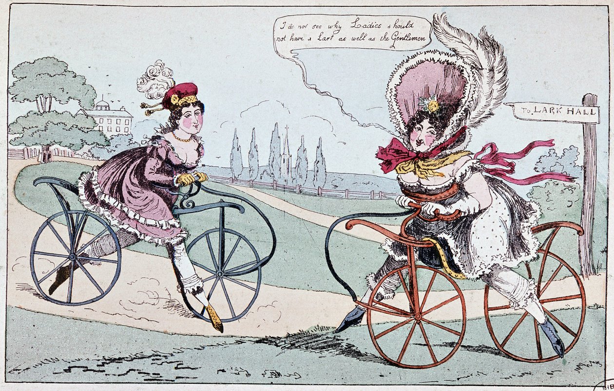Engelsk tegneserie om hobbyhester i 1819 (første sykler) - i "" Teoretisk og praktisk sykling"" av Baudry de Saulnier av English School