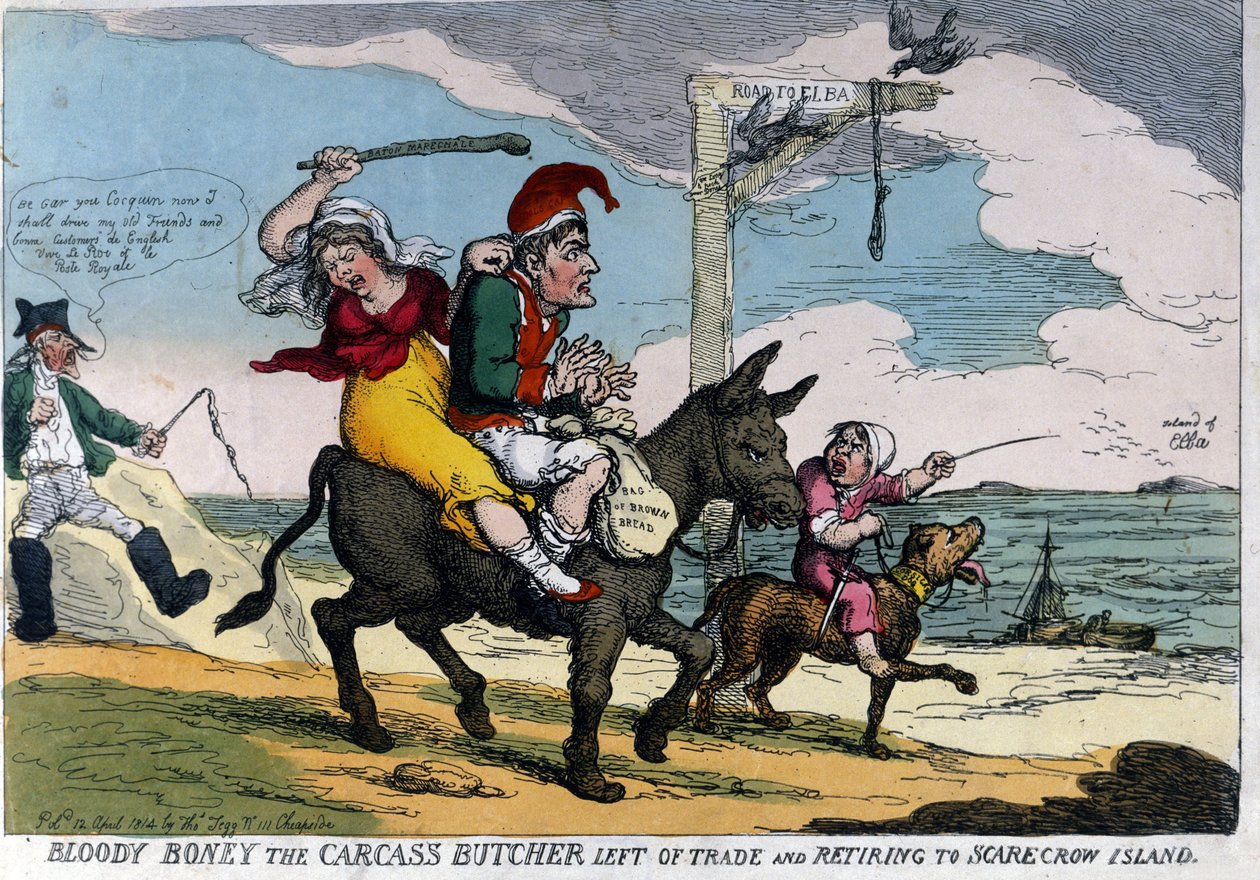 Engelsk tegneserie om eksilet til keiser Napoleon I representerer på et esel på vei til Elba. 04/1814. av English School