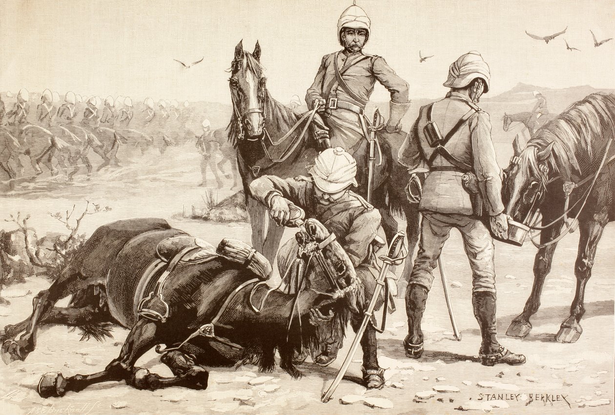 Engelsk kavaleri som vanner hestene sine under Mahdist-krigen, Sudan på 1880-tallet (litho) av English School