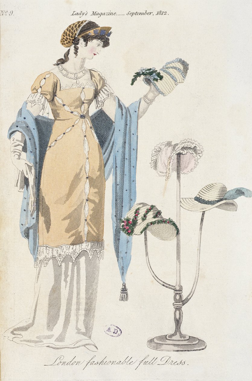 Engelsk moteplate som viser en ung kvinne som velger en hatt, 1812 av English School