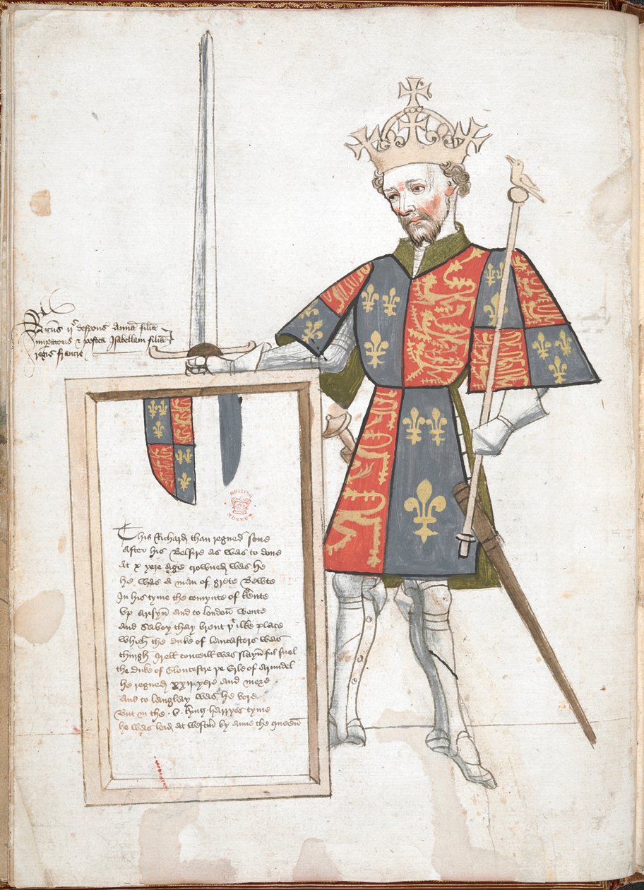Engelsk konge i rustning og tabard (Richard II) overrekker en plakett med vers. av English School