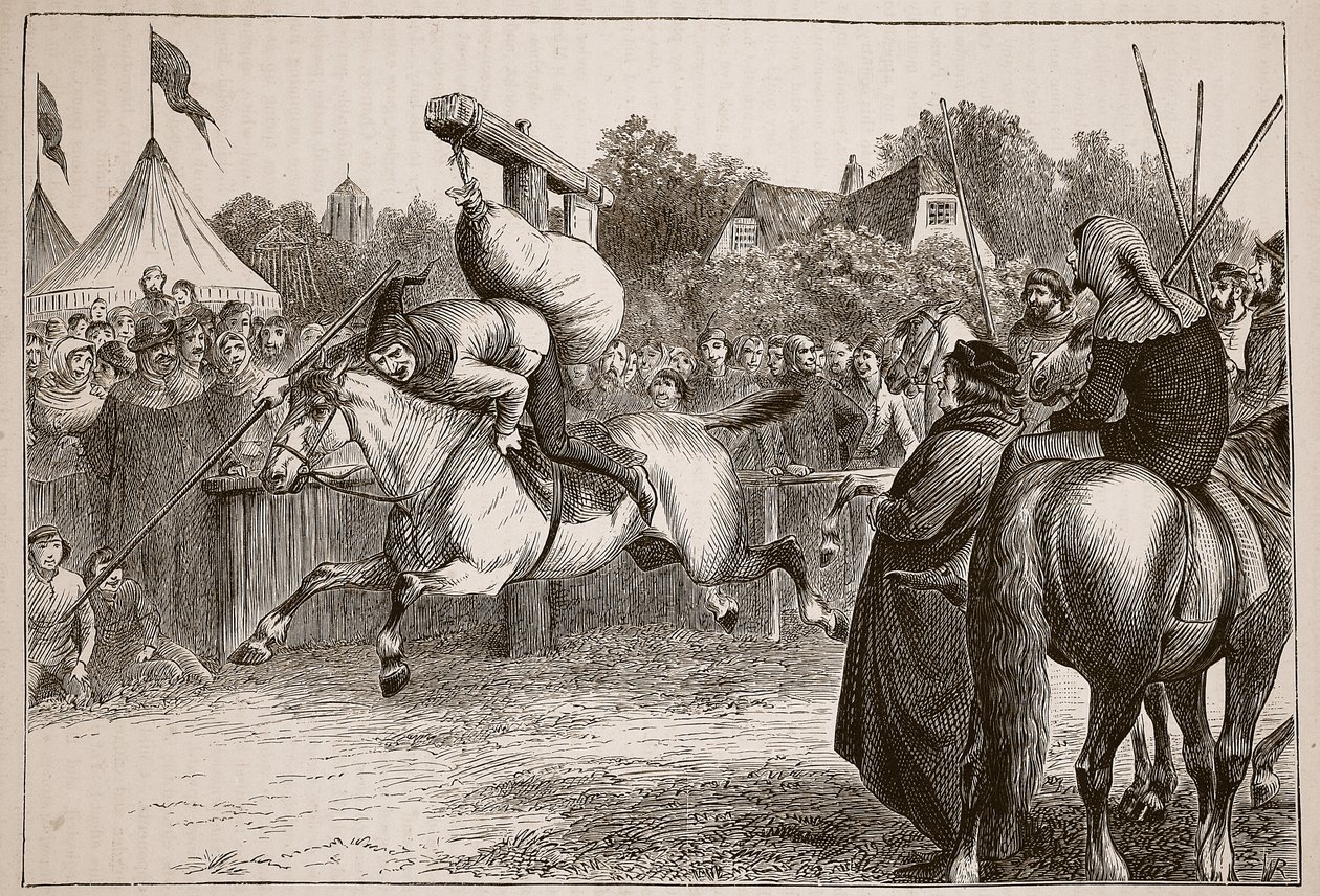Engelsk munterhet i det fjortende århundre: Tilting at the Quintain, illustrasjon fra Cassells Illustrated History of England (sepia-foto) av English School