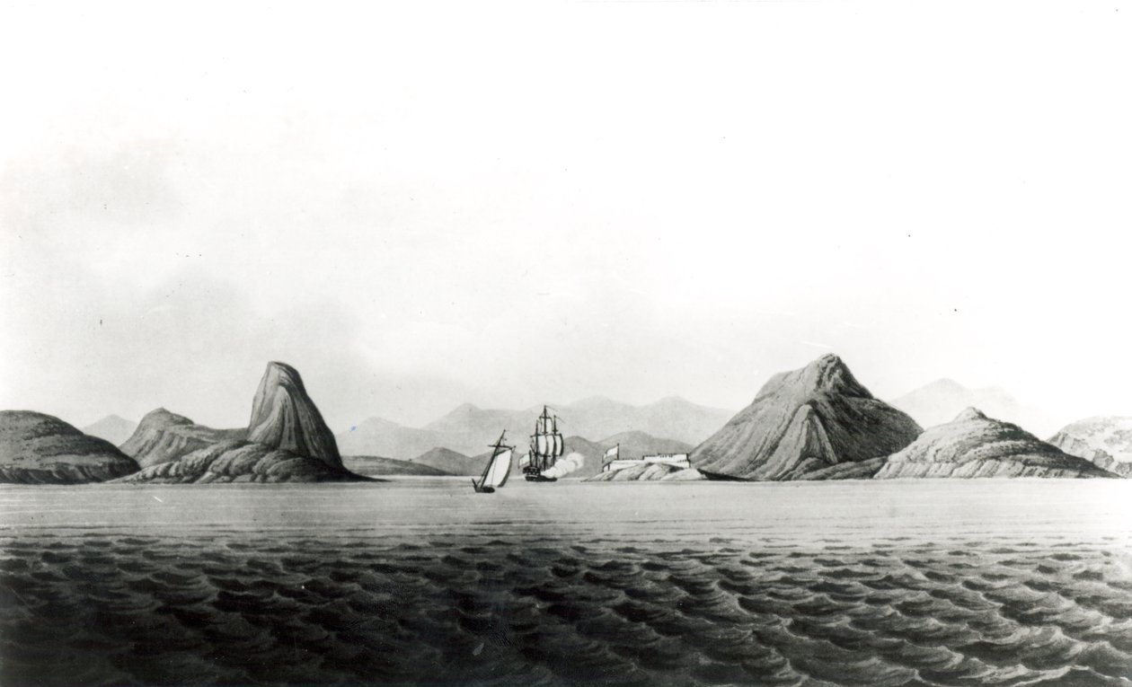 Inngangen til havnen i Rio de Janeiro (bw print) av English School