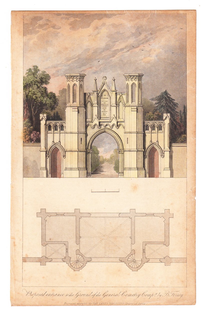 Inngang til Highgate Cemetery utgitt av The Lady Magazine, rundt 1839. av English School