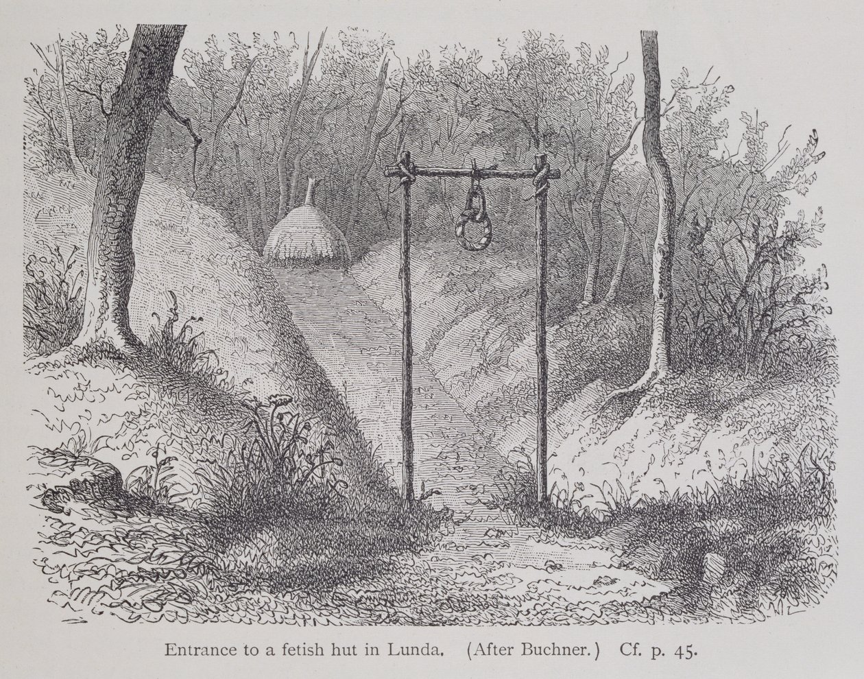 Inngang til en fetisjhytte i Lunda, fra The History of Mankind, Vol.1, av Prof. Friedrich Ratzel, 1896 av English School