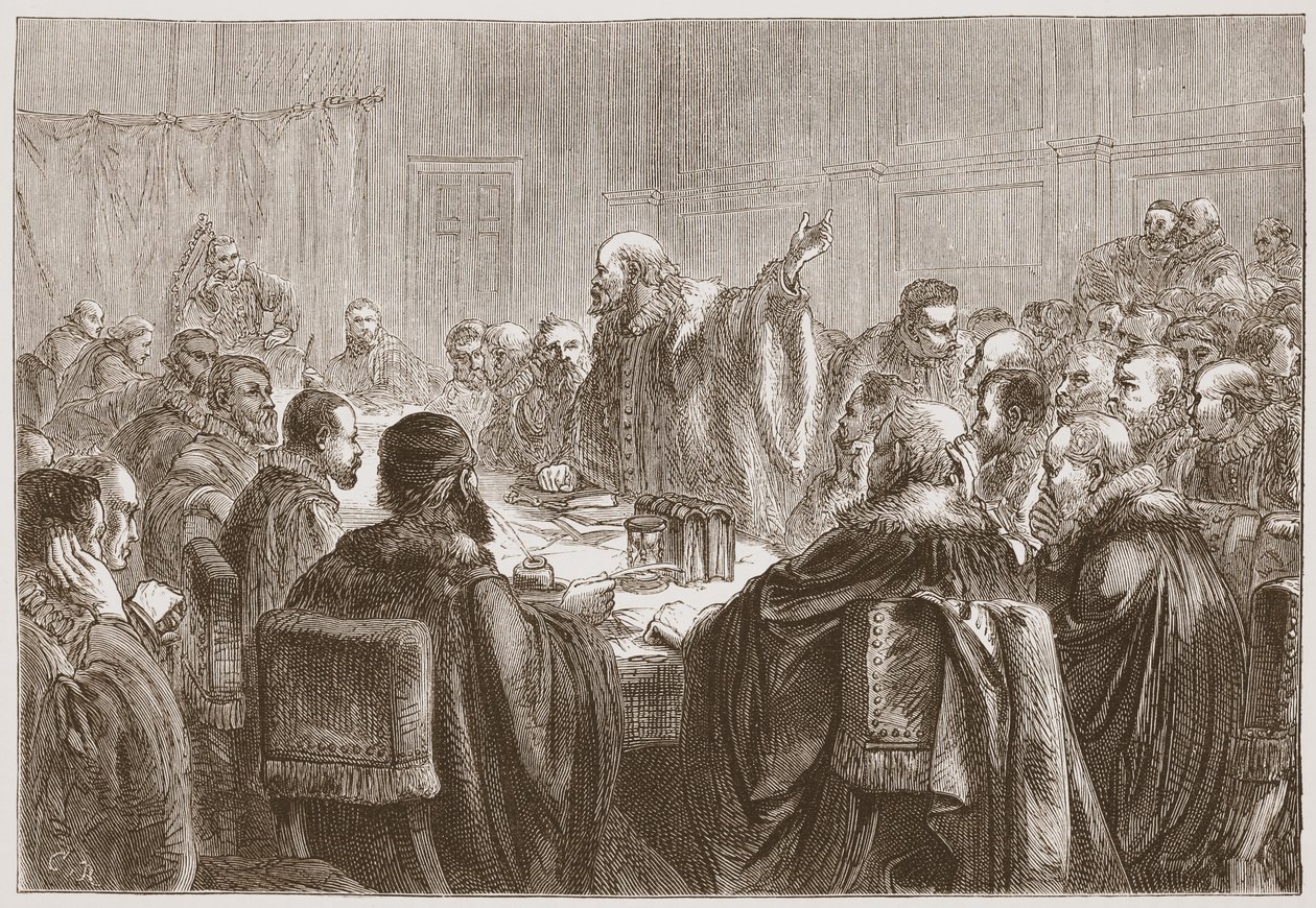 Episcopius henvender seg til medlemmene av synoden i Dort, illustrasjon fra The History of Protestantism av James Aitken Wylie (1808-1890), pub. 1878 av English School