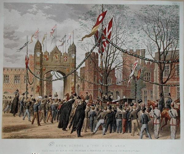 Eton skole og guttebuen. Besøk betalt av H.R.H. prinsesse Alexandra (1844-1925) av Danmark, 9. mars 1863 (farget gravering) av English School