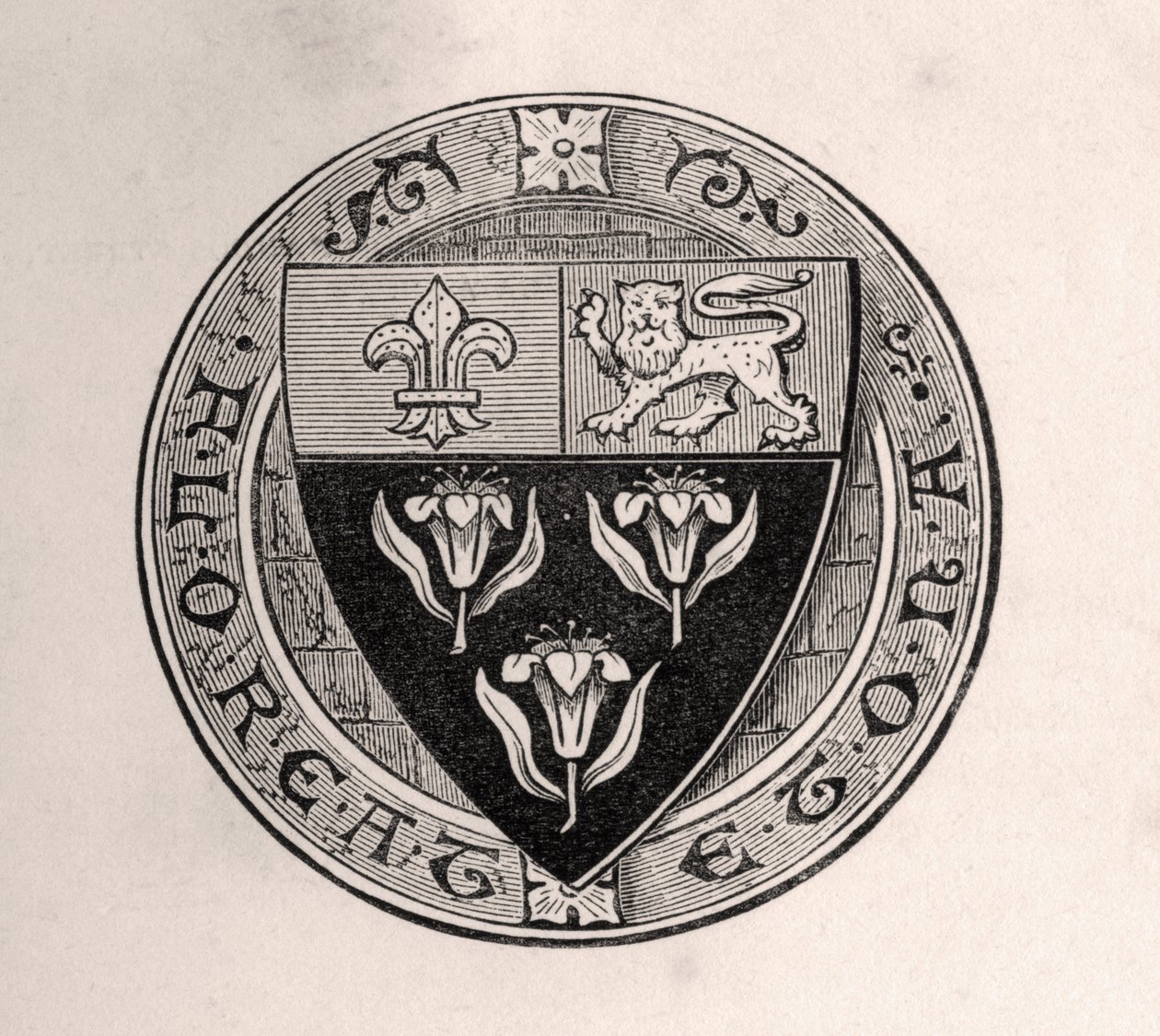 Eton-skjold lagt over roundel med skolemotto, illustrasjon fra Memoirs of Eminent Etonians, av Sir Edward Creasy publisert London 1876 av English School